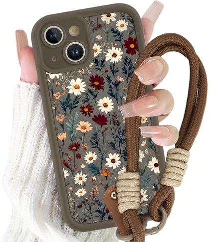 Yirlbey Handyband Handyhülle für iPhone 13 Mini Hülle mit Band Kette, Schnur Schutzhülle mit Aesthetic Blumen Flower Muster mit Kordel zum Umhängen Cover, Stoßfest Silikon Case für iPhone 13 Mini 5,4