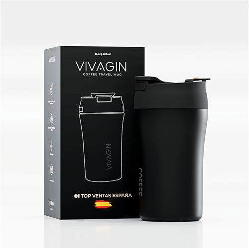 Vaso Térmico de Acero Inoxidable - Termo para Café y Bebidas | Taza de Viaje Antiderrames | Botella Reutilizable para Agua, Té y Café (Negro)