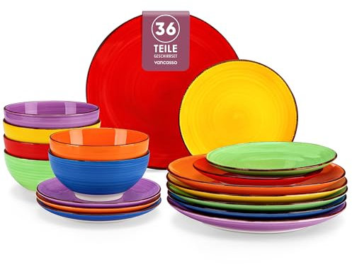 vancasso Serie BONITA Vajillas Completas 12 Personas, Platos Vajilla 36 Piezas, Pintados a Mano, Vajilla Moderna de Colores - 12 Platos Llano, 12 Platos de Postre y 12 Cuencos, Apto para Microondas