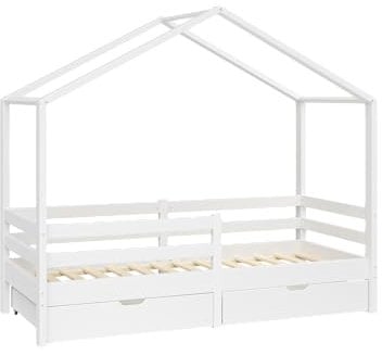 Bellabino Abia Kinderbett 90x200 cm – Hausbett mit Rausfallschutz, Lattenrost und 2 Schubladen – Montessori Kinder Bett aus Massivholz Kiefer für Jungen und Mädchen in Weiß