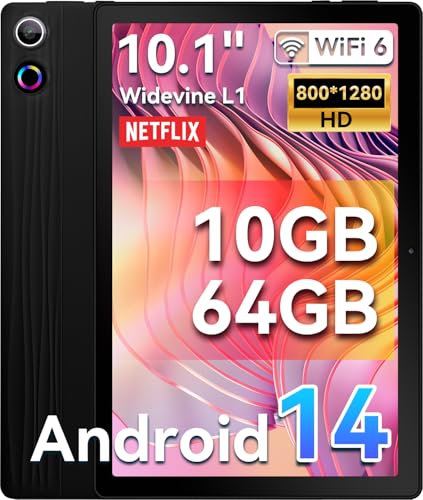 Hakaug Tablet 10 inch Android 14 Tablet 10GB RAM + 64GB ROM TF 1TB Expand丨WidevineL1丨WiFi6丨BT5.3丨5MP+8MP Camera丨USB丨Face ID丨5000mAh丨Black