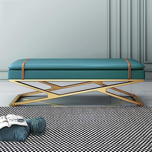 Moderne zweilagige weiche Polsterbank, stilvolle Goldbasis, Eingangsbereich, Schuhaufbewahrung, multifunktional, bequem, Ledersofa, 100 x 38 x 45 cm, Blau
