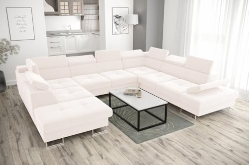 Friderik Ecksofa Galaxy MAX I Ecksofa mit Schlaffunktion, 280x350x225 cm, Stoff Gemma, Bettkasten, verstellbaren Kopfstützen & Armlehne (Creme, Rechts)