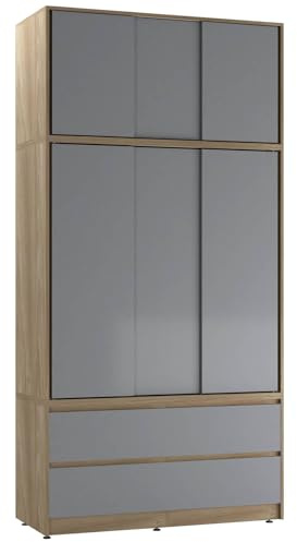 URBNLIVING 240cm Sliding Door Wardrobe with 6 Doors & 4 Drawers, Freestanding Bedroom Closet with Hanging Rail & Storage, Engineered Wood, 120cm Wide, Modern Design