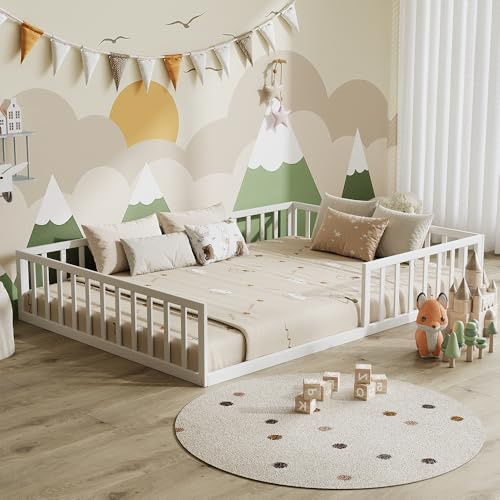 VitaliSpa Bodenbett Minno 140x200, Kinderbett aus Metall, Montessori Bett mit Rausfallschutz, niedrige Einstiegshöhe, Weiß
