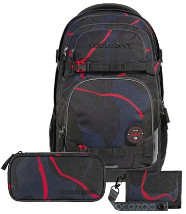 Coocazoo Schulrucksack-Set Porter „Lava Lines“ 3-teilig, schwarz, ergonomischer 35L Tornister, mit Brust- und Hüftgurt für Kinder ab der 5. Klasse, inkl. Mäppchen und Geldbörse