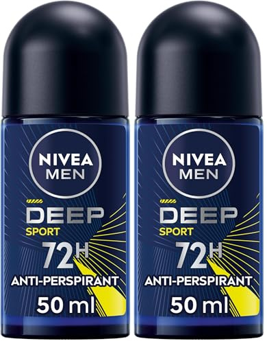 NIVEA MEN Deep Sport Deo Roll-on 50 ml, Deodorant für Herren, angereichert mit Aktivkohle für 72h Schutz, Deodorant Roll-On Antitranspirant für Sport (Packung mit 2)