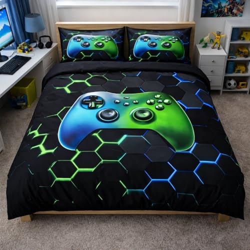 Ranedo Gaming Duvet Cover Set for Boys 135x200cm, Game Controller Kids Single Bedding, Soft Microfiber Duvet Cover with 2 Pillowcases, Zip Closure, Black