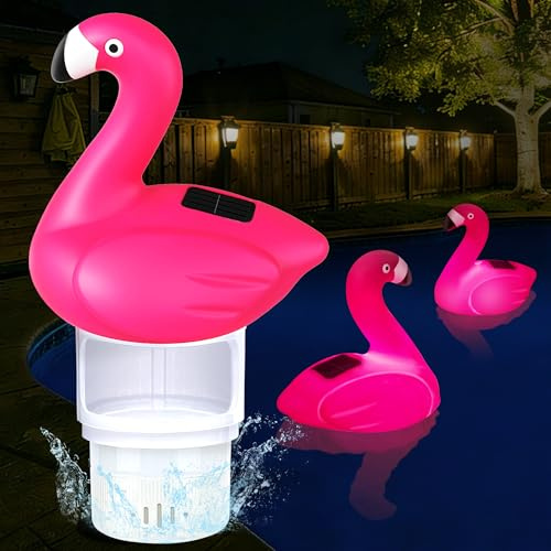 Luxfero Dosierschwimmer Pool mit Licht, Flamingo Solar Pool Chlor Schwimmer, Chlor Dosierschwimmer mit Einstellbarer Abgabe, Zusammenklappbarer Chlor Schwimmer, Groß Pool Chlor Dosierer für Spa