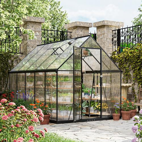 ALAULM Polycarbonat-Gewächshaus 175x281x195cm, mit abschließbarer Tür, Satteldach, Lüftungsfenster & Regenrinnen, Wetterfest für Terrasse & Garten (Schwarz)