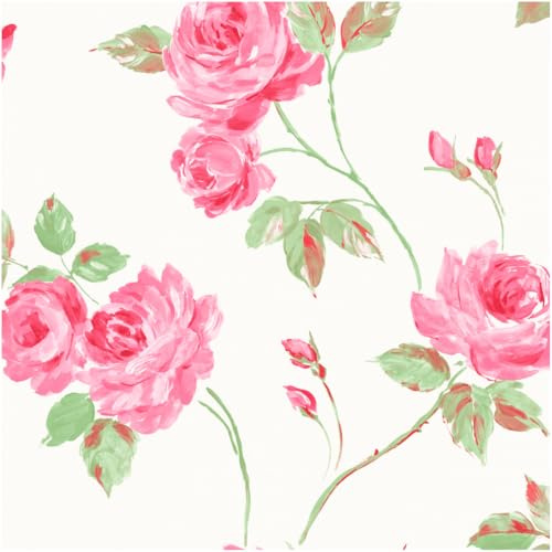 YöL Pink Floral Wallpaper Watercolour Rose White Smooth Matt Finish Paste The Paper Bedroom Living Room Hallway Feature Wall Washable Peelable Traditional Style