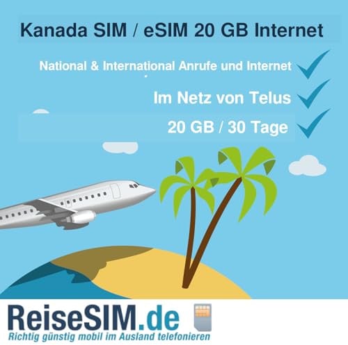 ReiseSIM.de Kanada SIM-Karte und eSIM mit Telefon, Kanadischer Rufnummer, 7-60 GB Internet, 10-30 Tage (20 GB / 30 Tage, eSIM (QR-Code))