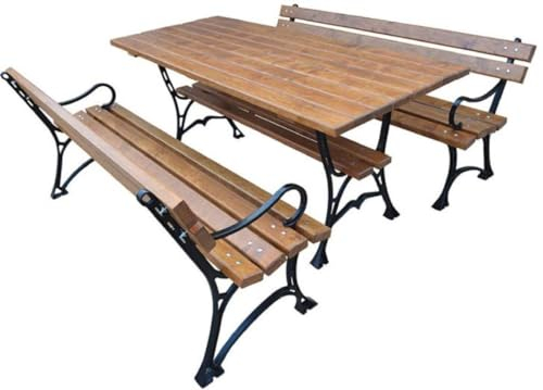 Casa Padrino Jugendstil Gartenmöbel Set Tisch und 2 Sitzbänke mit Armlehnen Braun/Schwarz 180 cm - Gartenmöbel Massivholz