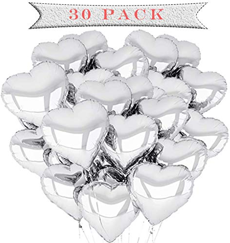 30 Stück Herzballons,18 Zoll Herz Folienballon Silber,Herzform Heliumballons für Party,Geburtstag,Valentinstag,Hochzeit,Verlobung,Muttertag Dekoration