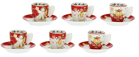 THUN - Set 6 tazzine caffè Sweet Christmas - Porcellana - Linea Natale - Living, Arredare la Casa - tazzina Ø 6,5 cm; 5,5 cm h; 110 ml ; piattino Ø 11,5 cm