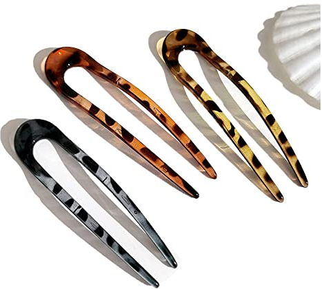 3 Pcs Horquilla en Forma de U,Palillos para el cabello en forma de U Clips de Pelo con Puntas Acetato,Tenedor de pelo en forma de U,con estampado de leopardo (3 colores)