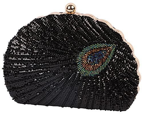 NiCoLa Vintage Pailletten Clutch Taschen, Antike Pfau Abend Handtasche Clutch Taschen, Türkis Blickfang Geldbörse für Hochzeit Brautjungfer Party Abschlussball Clutch, Schwarz , One Size