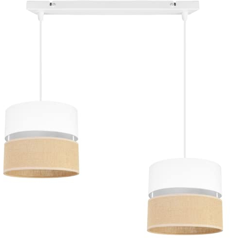 Light-Home Juta Hängelampe - Deckenlampe - Pendelleuchte aus Metall mit Lampenschirm aus Stoff - E27 - Klassisch 2-Flammig 20 cm - Weiß Untersatz - Jute Weiß