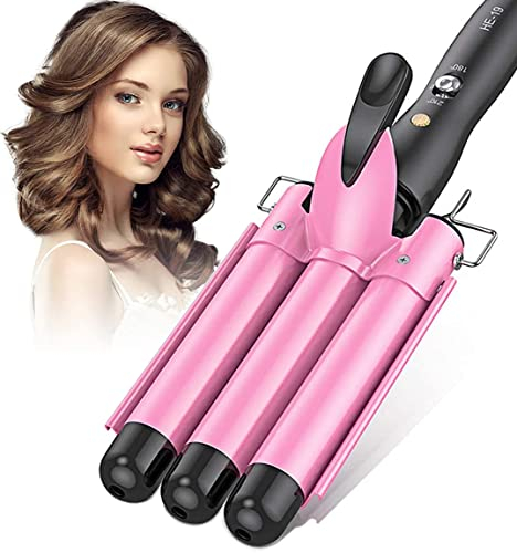 DSGKUU Hair Curler, 3 Barrels Hair Waver Curling Iron Big Wave Wand for Long Hair, Electric Crimpers Tongs with Two Speed Temp Control, 25MM, Pink