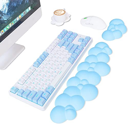 AJAZZ Teclado en la Nube Reposamuñecas y Alfombrilla de ratón Juego de Soporte para muñecas y Posavasos,Espuma viscoelástica de Cuero de PU,Antideslizante,Alivia el Dolor de muñeca,Ergonómico-Azul