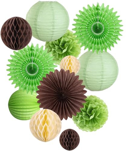 Easy Joy 12 Stück Dschungel Deko Grün,Einbeziehen Papier Pompons,Papier Fächer,Papierlaterne,Wabenbälle für Dschungel Deko Geburtstag,Hochzeit,Baby Shower,Gartenparty