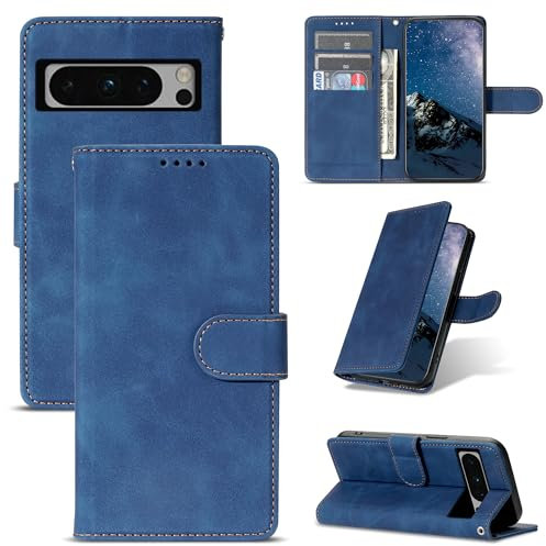 ScandiCasis Klapphülle für Google Pixel 8 Pro, Elegantes Leder Flip Case Handyhülle:mit 1 Schutzfolie 3*Kartenfach PremiumPU Leder Standfunktion Magnet Klappbar & Flip Wallet,Stoßfest, Blau