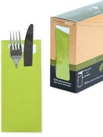 PRIME GUEST Bestecktasche Prime Fit 85x190 mm Servietten Taschen mit 2-lagiger Tissue-Serviette in Weiß Bestecktaschen ideal für Gastronomie und Feiern (Kiwi, 100 Stück)