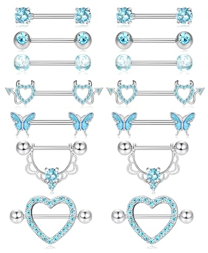 LOLIAS 7 Paar 14G Nippelpiercing Chirurgenstahl für Damen Brustwarzenpiercing Zungenpiercing Edelstahl Nippel Piercing Herz Barbell Piercing Körperschmuck Set für Frauen