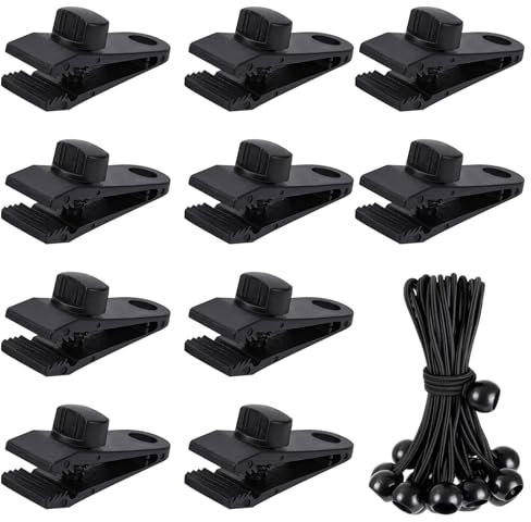 Tarp Clips Heavy Duty Tarp Lock Grip Tarpaulin Clip 10 Pcs Awning Clamp with 10 Pcs Bungees Cords Thumb Screw Tent Clips for Camping Caravan Canopies