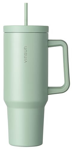 Vinsun Thermobecher 1200ml - Tumbler Mug 40oz mit Strohhalm und Henkel - Edelstahl, doppelwandig isoliert - Kaffee, Tee, Eiskaffee für Urlaub, Auto, Uni