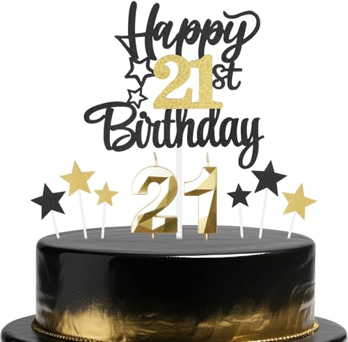 Black Gold 21st Birthday Candles Cake Toppers Set,21st Birthday Decorations for Boy,Golden Number 21 Candle for Cake,Gold Candle Black Star Cupcake Toppers for Girls Boys Birthday Party Supplies