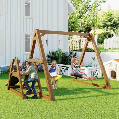 SSQUZA Outdoor Holz Kinder Doppelschaukel mit 2 Schaukelsitzen, Outdoor Gartenschaukel, Schaukelgestell, Robuste Kinder Gartenschaukel mit Rutsche und Kletterleiter