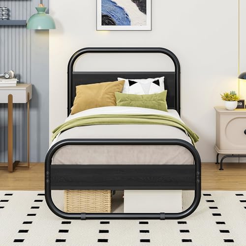 HOMERECOMMEND 3ft Single Bed Frame with Headboard, Black Bed Frame 90x190cm | Under-Bed Storage, Steel Slats Mattress Foundation,Enhanced Support Noise Free,Round Pipe Design,Easy Assembly