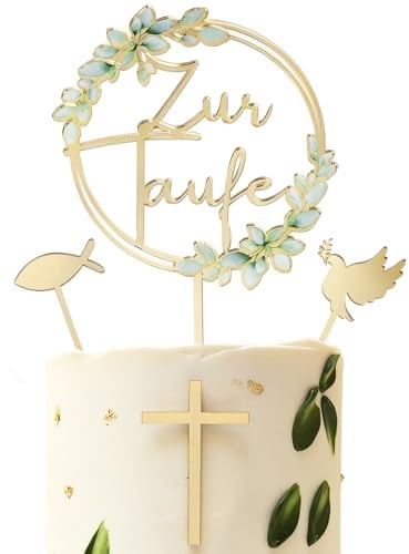 4 Stück Tortendeko Taufe, inkl. Taube & Fisch & Kreuz & Zur Taufe Tortenstecker, Cake Topper aus Acryl, Gold Kuchendeko Torte Deko für Junge Mädchen Kuchen Dekoration