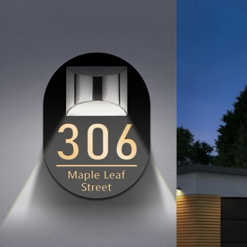 Letrero solar personalizado con números para casa y luz LED — Placa moderna e impermeable para puertas, ideal para exteriores, patios, garajes y como regalo de inauguración (Ovalado)