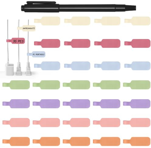 Étiquettes de Câble GripZz, Étiquettes à Écrire pour la Gestion et l’Identification des Câbles, 35 Pièces, 7 Couleurs Pastel, Marqueur Double Pointe Inclus