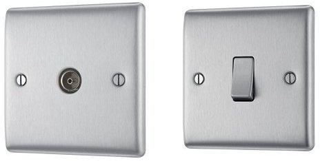 BG Electrical NBS60 1-Gang Metal Brushed Steel Co-Axial Socket, Brushed Steel + NBS12 10 A 1-Gang 2-Way Metal Brushed Steel Light Switch, Brushed Steel