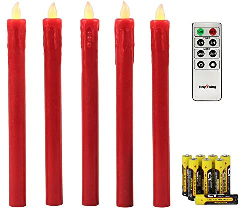 Rhytsing 5 flammenlose Led Stabkerzen Tafelkerzen Rot mit Timer Funktion, Druckknopf, Warmweißes Licht, 25cm, Fernbedienung und Batterien enthalten