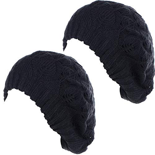 Byos Damen Baskenmütze aus weichem Strick, mittelschwer, mit Blättern, mit Cutout, 2er-Pack, Schwarz & Schwarz, Einheitsgröße