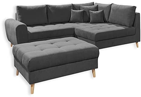 ALICE Ecksofa mit Hocker, Stoffbezug Anthrazit - Moderne Eckcouch mit Kissen & Massivholz Füßen - 249 x 94 x 175 cm (B/H/T)