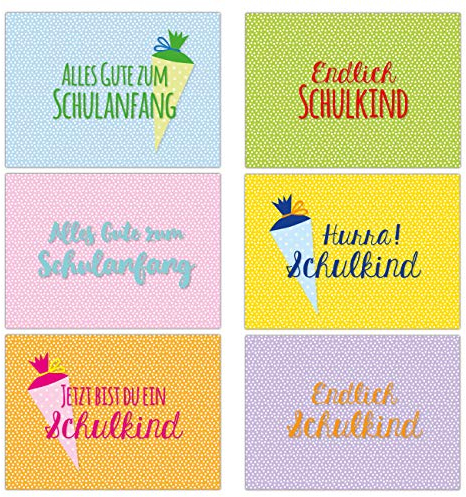 Papierdrachen 12 Glückwunschkarten zur Einschulung - Motiv Bunt mit Punkten - Geschenk und Grüße für Schulanfänger - Buntes Postkarten Set für Kinder zum Schulanfang - DIN A6