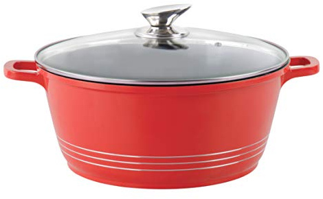 Durane Die-Cast Stockpots with Lid -Aluminium Non Stick Coating Cooking Pots -Tempered Glass Lid with Steam Vent Casserole pan - Stew pots (Red, 28)