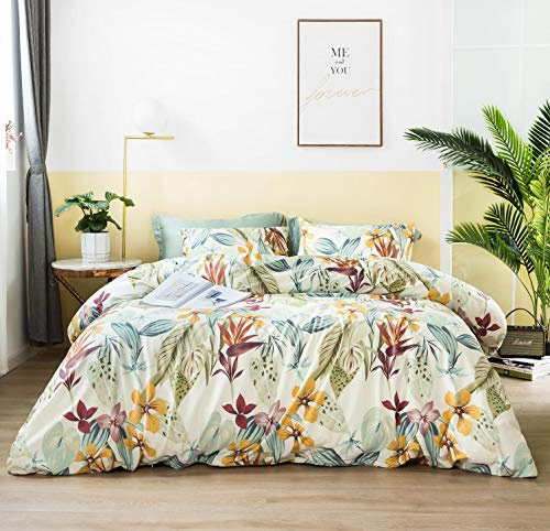 SUSYBAO Retro Floral Duvet Cover King 100% Egyptian Cotton 3 Pcs Set 1 Vintage Yellow Flower Duvet Cover with Zipper Ties 2 Pillowcases Hawaiian Tropical Botanical Bedding Set Soft