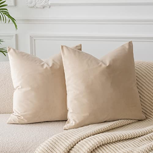 JUSPURBET Khaki Samt-Kissenbezüge 45cmx45cm 2er-Set für Wohnzimmer Couch Sofa Schlafzimmer Dekorative Quadratische Feste Weiche Kissenhüllen mit unsichtbarem Reißverschluss