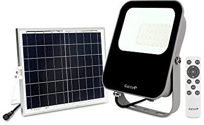 Garza - Foco Solar LED para exterior, 30 W, con mando a distancia, luz fría 6500K regulable, programable, IP65 impermeable, cable de 4.7 m