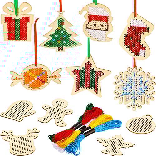 Blulu 12 Pieces Christmas Wooden Decoration Cross-Stitch Kits Wooden Sewing Cross-Stitch, Include Star Snowflake for Arts Wooden Crafts Christmas Ornament, Assorted Patterns (Lovely Style)
