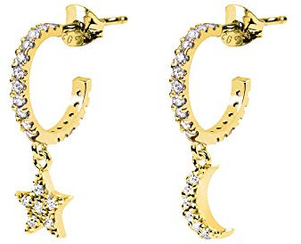 SINGULARU - Pendientes Aro Moon & Star Sparks. Plata de Ley 925 con Acabado Baño de Oro de 18 Kt. Cierre Tuerca a Presión. Joyas para Mujer