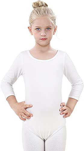 Kefiyis Ballettanzug Mädchen 3/4 Langarm Turn-Leotards Ballett Gymnastik Turnanzug Trikot aus Baumwolle für Kinder (140, Weiß)