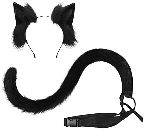 FakeFace Halloween Cosplay Kostüm Katze Ohren und Schwanz Set, Kunstpelz Tier Katze Fuchs langen Schwanz Ohren Kit Halloween Tier Thema Party Kostüm Cute Hair Clips Party Requisiten