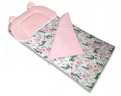 Best For Kids Schlafsack Fußack für den Kindergarten Minky Bär mit Kissen (Rosa Blumen)